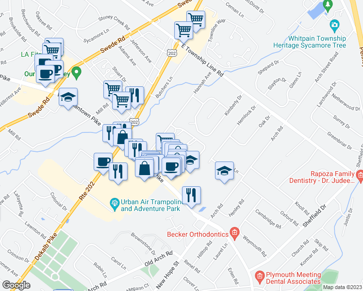 map of restaurants, bars, coffee shops, grocery stores, and more near Dogwood Apartment in East Norriton