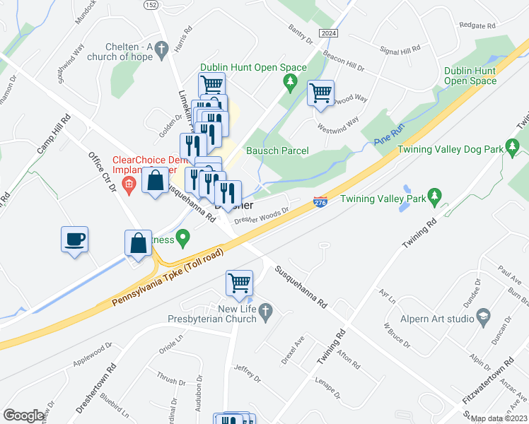 map of restaurants, bars, coffee shops, grocery stores, and more near 804 Dresher Woods Drive in Dresher