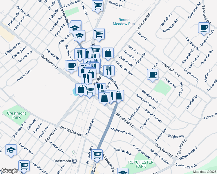 map of restaurants, bars, coffee shops, grocery stores, and more near 45 Cherry Street in Willow Grove