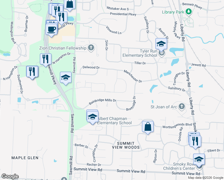 map of restaurants, bars, coffee shops, grocery stores, and more near 10618 Stoneham Drive in Powell