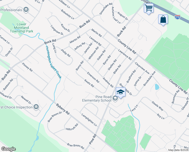 map of restaurants, bars, coffee shops, grocery stores, and more near 381 Emerson Road in Montgomery County