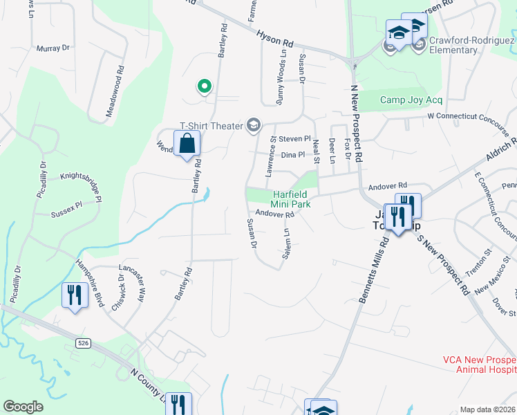 map of restaurants, bars, coffee shops, grocery stores, and more near 130 Andover Road in Jackson Township