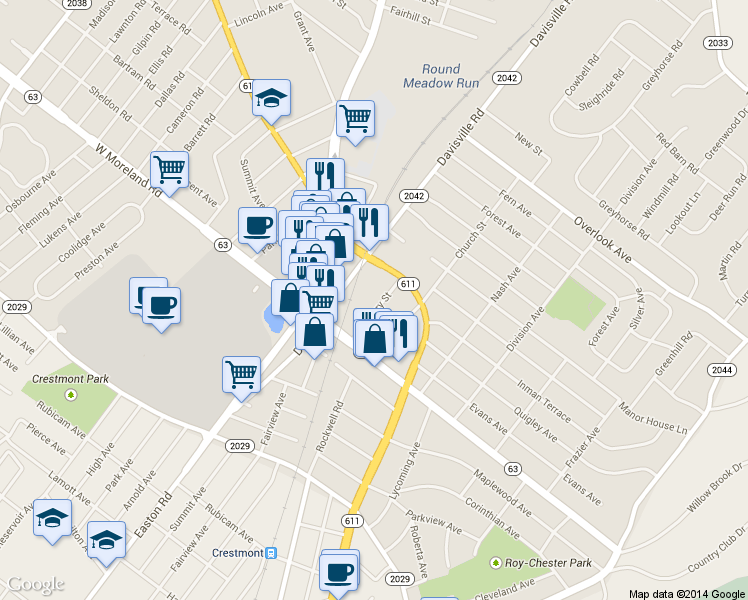 map of restaurants, bars, coffee shops, grocery stores, and more near 36 Cherry Street in Willow Grove