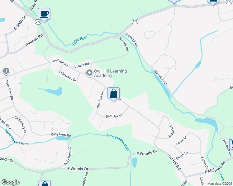 map of restaurants, bars, coffee shops, grocery stores, and more near 3 Owl Hill Road in Lititz