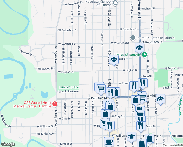 map of restaurants, bars, coffee shops, grocery stores, and more near 1020 Harmon Street in Danville