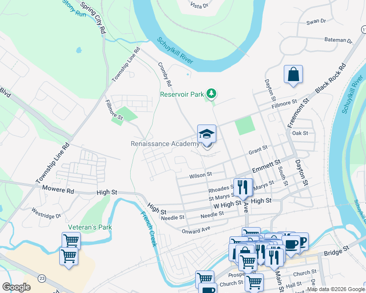 map of restaurants, bars, coffee shops, grocery stores, and more near 1100 Utley Alley in Phoenixville