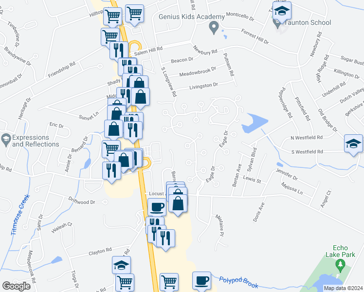 map of restaurants, bars, coffee shops, grocery stores, and more near 10 Cardinal Lane in Howell