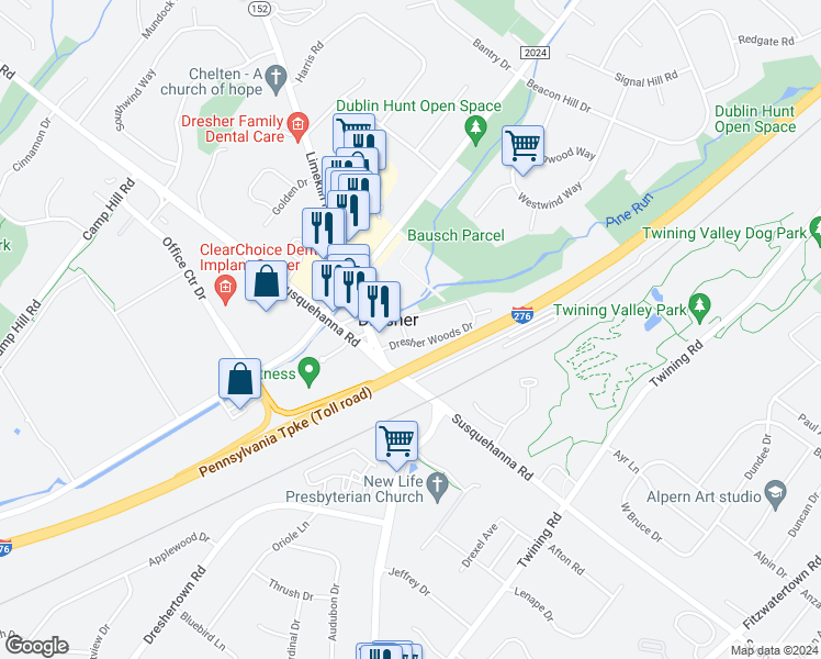 map of restaurants, bars, coffee shops, grocery stores, and more near 209 Dresher Woods Drive in Dresher