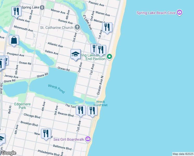 map of restaurants, bars, coffee shops, grocery stores, and more near 8 Union Avenue in Spring Lake