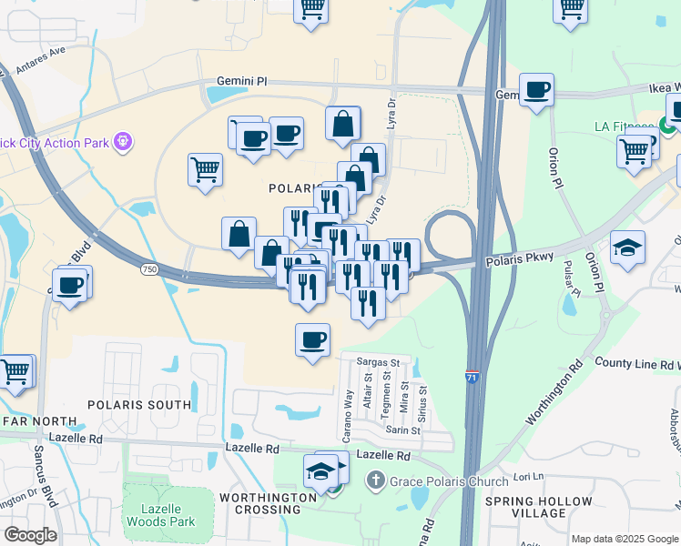 map of restaurants, bars, coffee shops, grocery stores, and more near in Columbus