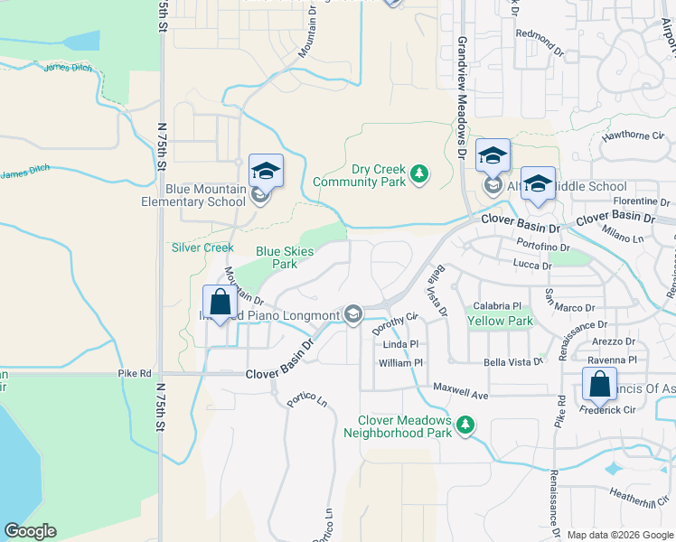 map of restaurants, bars, coffee shops, grocery stores, and more near 1540 Taylor Mountain Drive in Longmont
