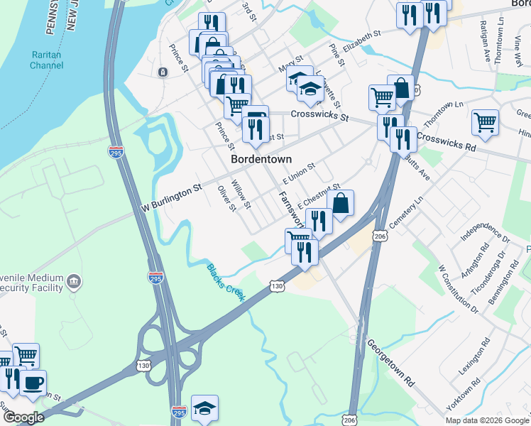 map of restaurants, bars, coffee shops, grocery stores, and more near 525 Willow Street in Bordentown