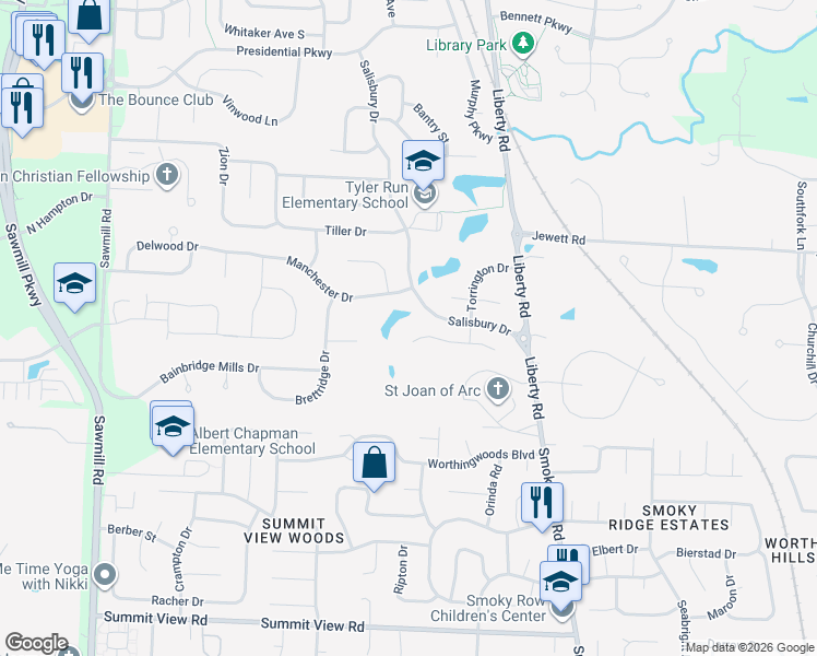 map of restaurants, bars, coffee shops, grocery stores, and more near 3372 Brentwood Court in Powell