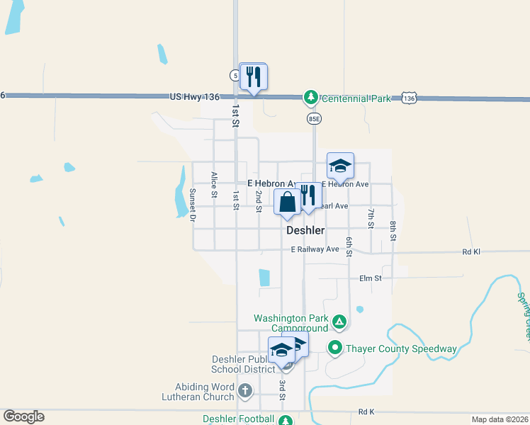 map of restaurants, bars, coffee shops, grocery stores, and more near 616 2nd Street in Deshler