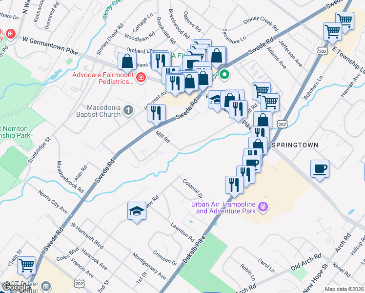map of restaurants, bars, coffee shops, grocery stores, and more near 26 Mill Road in Norristown
