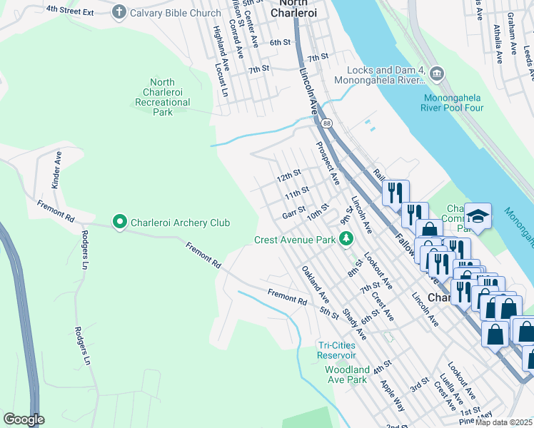 map of restaurants, bars, coffee shops, grocery stores, and more near 1023 1/2 Oakland Avenue in Charleroi