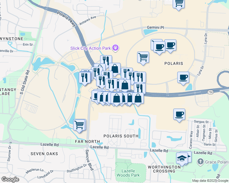 map of restaurants, bars, coffee shops, grocery stores, and more near 1187 Polaris Parkway in Columbus
