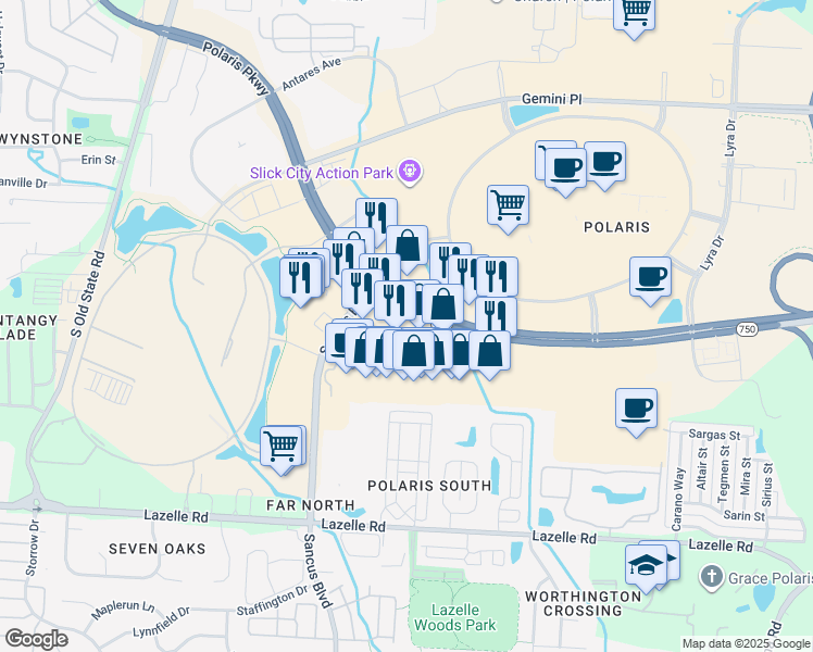map of restaurants, bars, coffee shops, grocery stores, and more near Polaris Parkway in Columbus