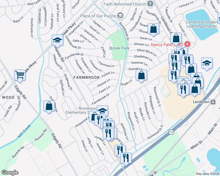 map of restaurants, bars, coffee shops, grocery stores, and more near 47 Farmbrook Drive in Levittown