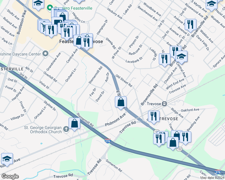 map of restaurants, bars, coffee shops, grocery stores, and more near 110 Bowman Drive in Feasterville-Trevose