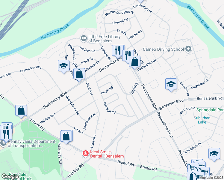 map of restaurants, bars, coffee shops, grocery stores, and more near 3110 Bogle Road in Bucks County