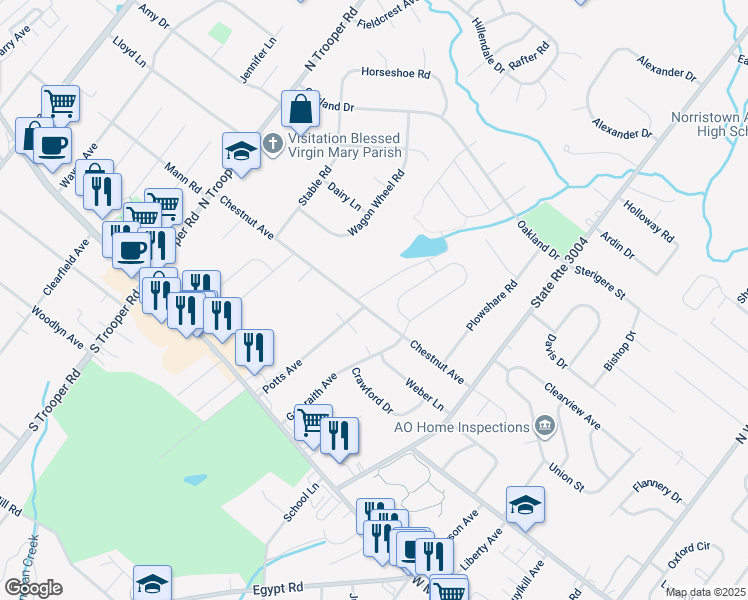 map of restaurants, bars, coffee shops, grocery stores, and more near 2381 Chestnut Avenue in Norristown