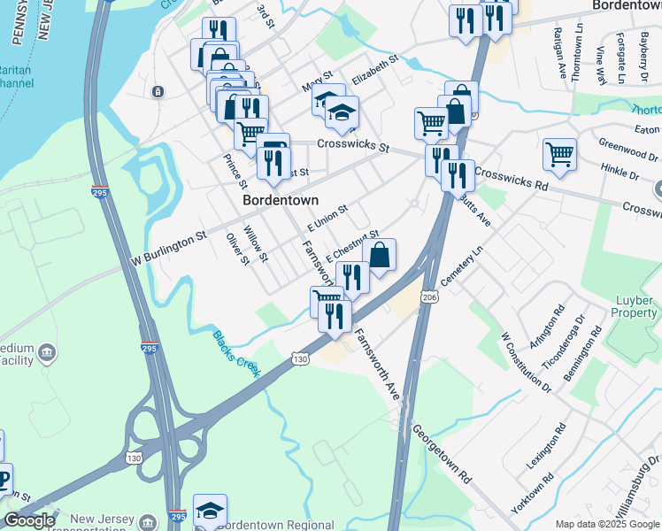 map of restaurants, bars, coffee shops, grocery stores, and more near 601 Farnsworth Avenue in Bordentown