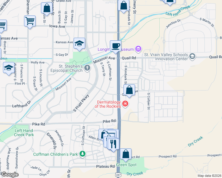 map of restaurants, bars, coffee shops, grocery stores, and more near 1364 South Coffman Street in Longmont