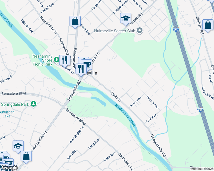 map of restaurants, bars, coffee shops, grocery stores, and more near 313 Main Street in Hulmeville