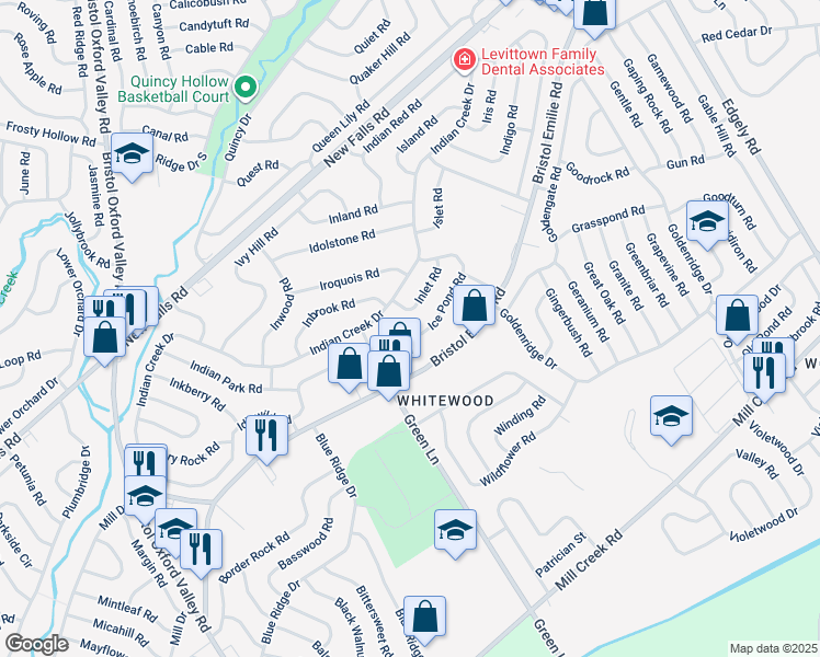 map of restaurants, bars, coffee shops, grocery stores, and more near 19 Ice Pond Road in Levittown