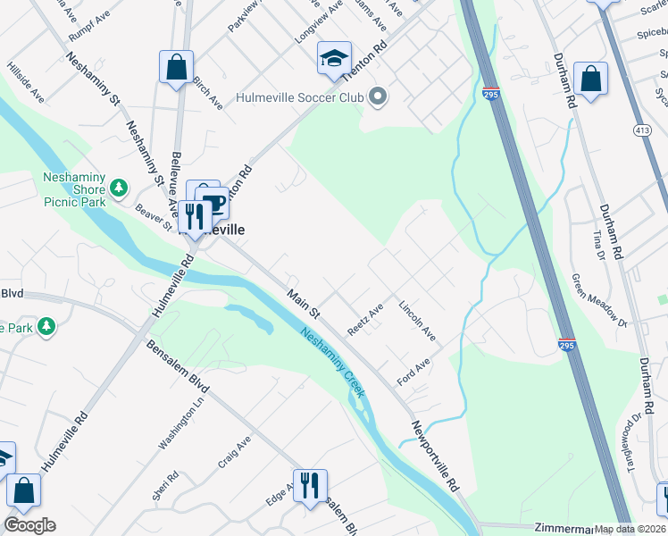 map of restaurants, bars, coffee shops, grocery stores, and more near 335 Washington Avenue in Hulmeville