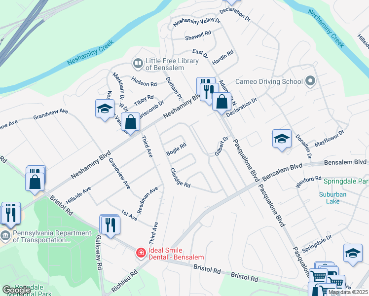 map of restaurants, bars, coffee shops, grocery stores, and more near 3110 Bogle Road in Bucks County