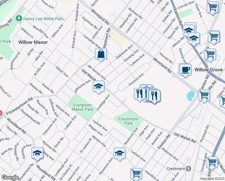 map of restaurants, bars, coffee shops, grocery stores, and more near 2635 Old Welsh Road in Willow Grove