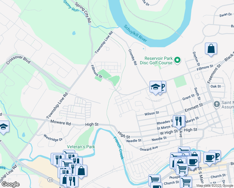 map of restaurants, bars, coffee shops, grocery stores, and more near Simmons Alley in Phoenixville