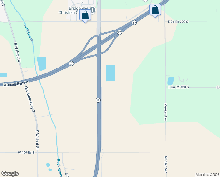 map of restaurants, bars, coffee shops, grocery stores, and more near 5740 South County Road 105 East in Muncie