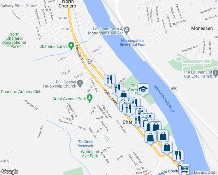 map of restaurants, bars, coffee shops, grocery stores, and more near 809 McKean Avenue in Charleroi