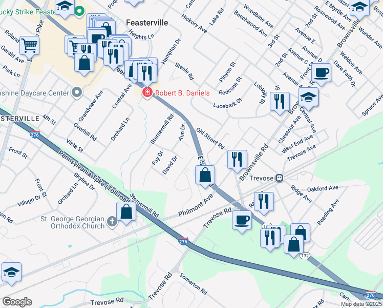 map of restaurants, bars, coffee shops, grocery stores, and more near 114 Bowman Drive in Feasterville Trevose