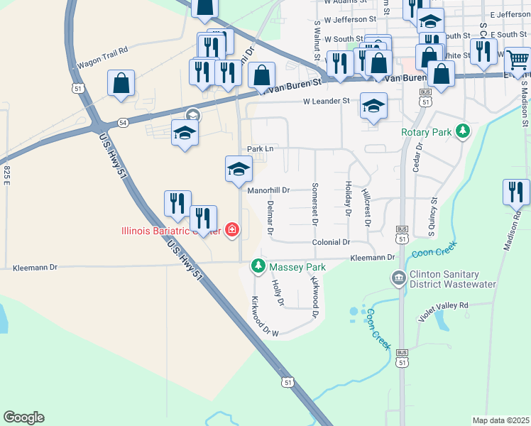 map of restaurants, bars, coffee shops, grocery stores, and more near 11 Delmar Drive in Clinton