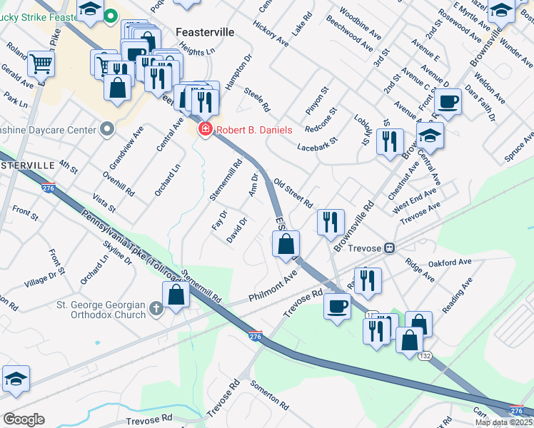 map of restaurants, bars, coffee shops, grocery stores, and more near 114 Bowman Drive in Feasterville Trevose