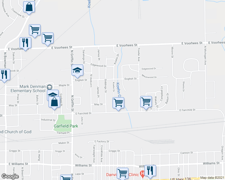 map of restaurants, bars, coffee shops, grocery stores, and more near 1008 Koehn Drive in Danville