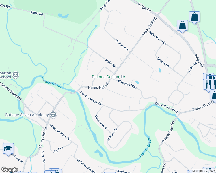 map of restaurants, bars, coffee shops, grocery stores, and more near 1099 Hares Hill Road in Phoenixville