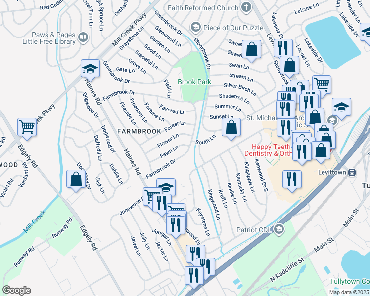 map of restaurants, bars, coffee shops, grocery stores, and more near 44 Fawn Lane in Levittown