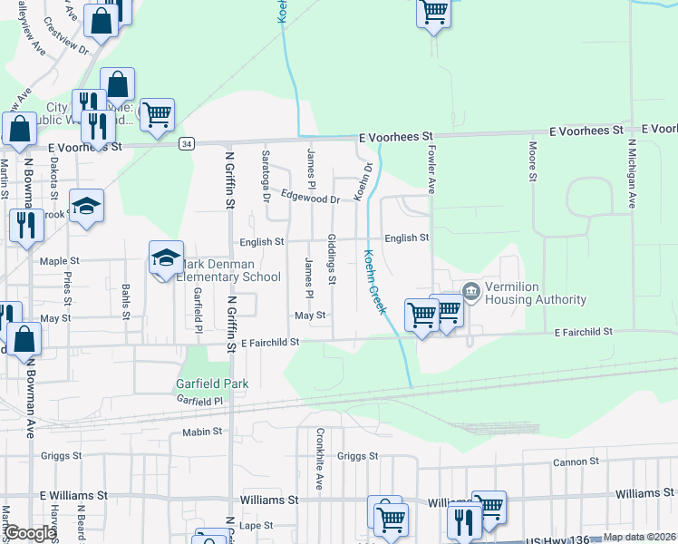 map of restaurants, bars, coffee shops, grocery stores, and more near 1001 Giddings Street in Danville