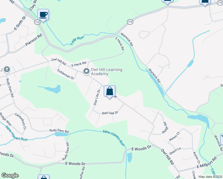 map of restaurants, bars, coffee shops, grocery stores, and more near 3 Owl Hill Road in Lititz