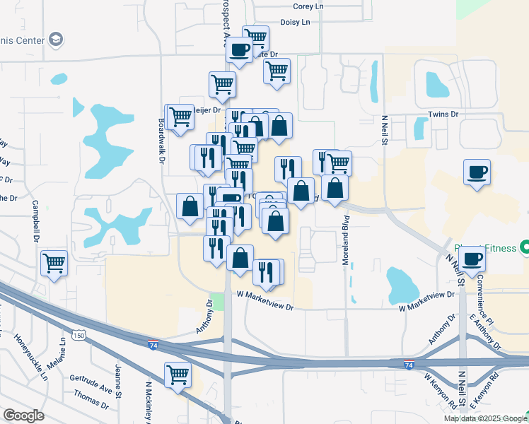 map of restaurants, bars, coffee shops, grocery stores, and more near 2102 North Prospect Avenue in Champaign