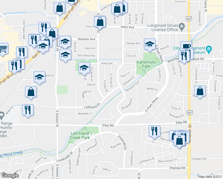 map of restaurants, bars, coffee shops, grocery stores, and more near 1359 South Lincoln Street in Longmont
