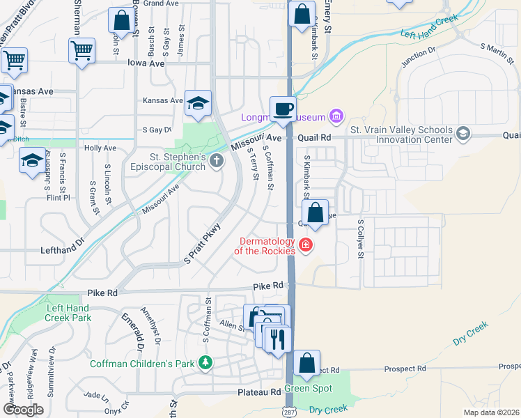 map of restaurants, bars, coffee shops, grocery stores, and more near 1363 South Coffman Street in Longmont