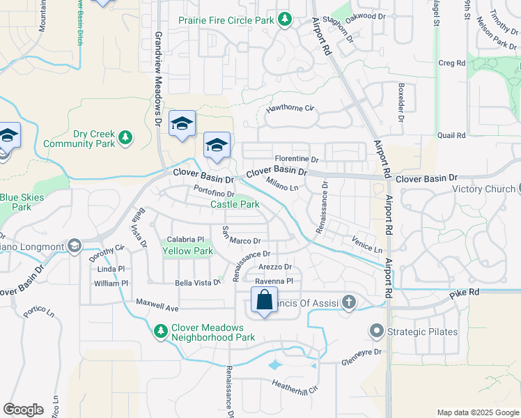 map of restaurants, bars, coffee shops, grocery stores, and more near 4115 Portofino Drive in Longmont