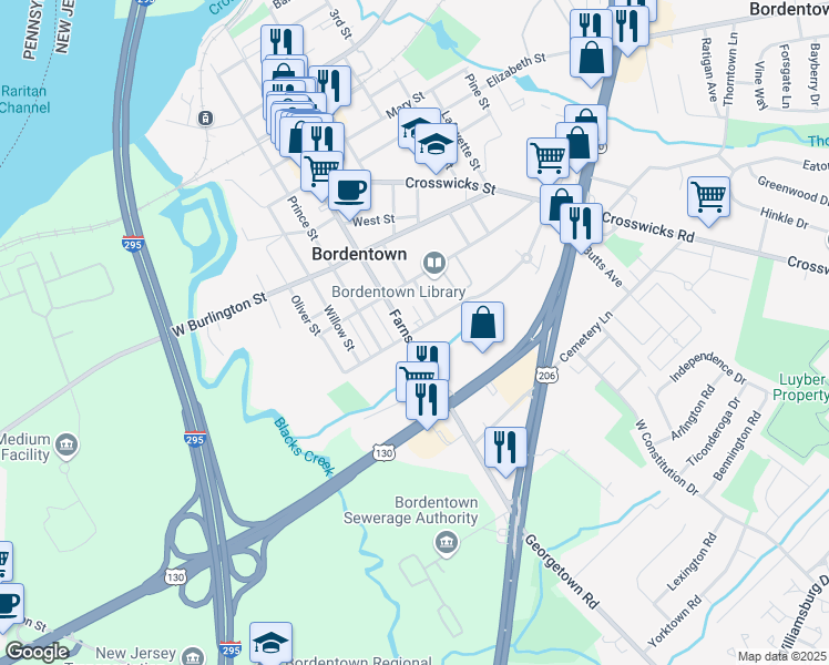 map of restaurants, bars, coffee shops, grocery stores, and more near 601 Farnsworth Avenue in Bordentown