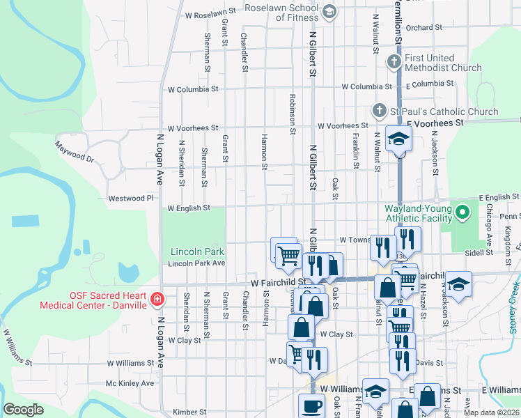 map of restaurants, bars, coffee shops, grocery stores, and more near 1020 Harmon Street in Danville